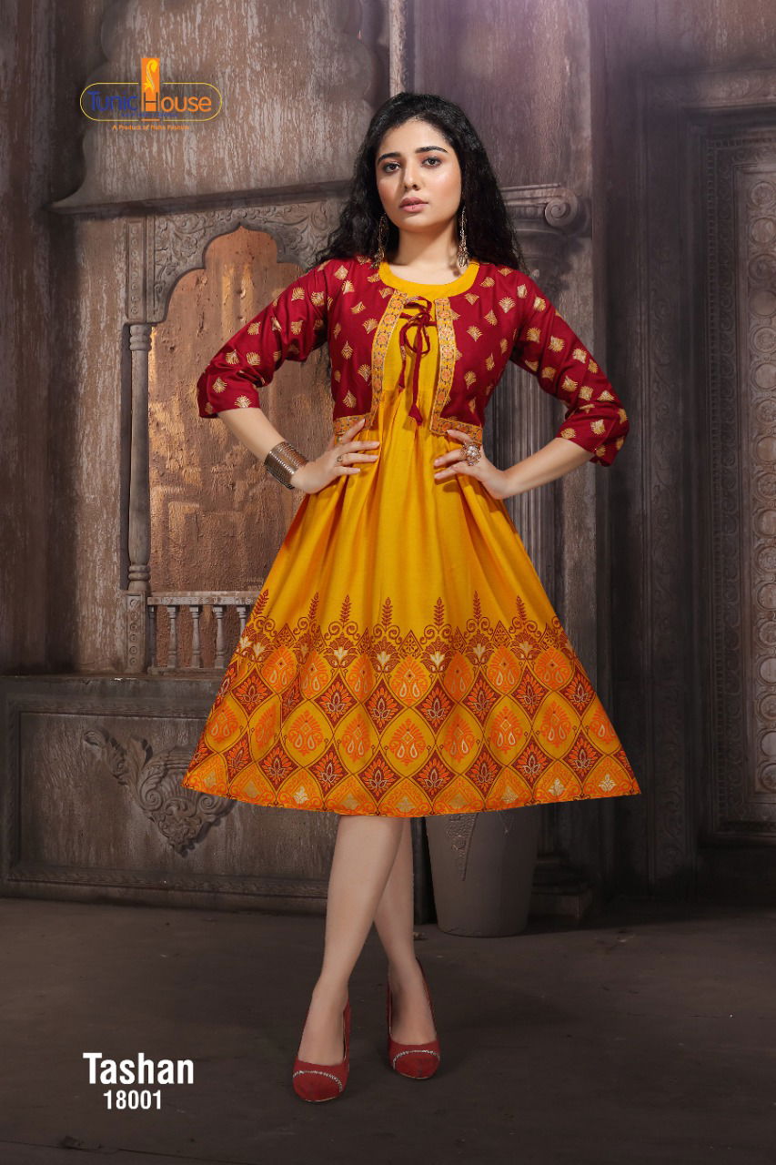 Tunic House Tashan Regular Wear Rayon Printed Anarkali Kurti With Jacket Collection